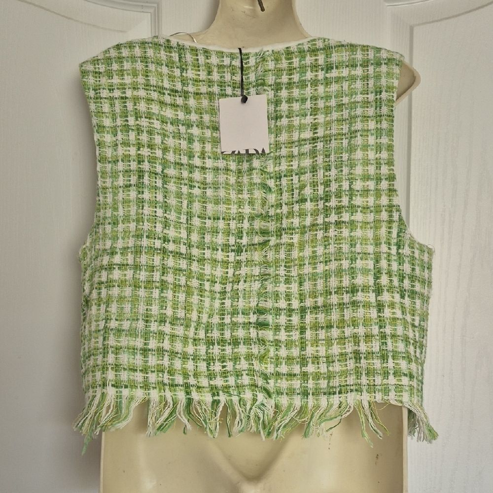 Zara Green and White Tweed Buttoned Blouse - Picture 3 of 16